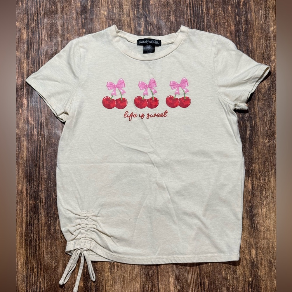 Life is Sweet sz 14 Cherry Short Sleeve Shirt with Cinched Side